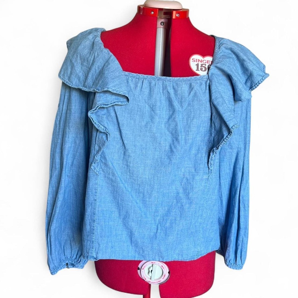 J Crew Blue Cotton Ruffle Shoulder Long Sleeves Top Size XL Preppy